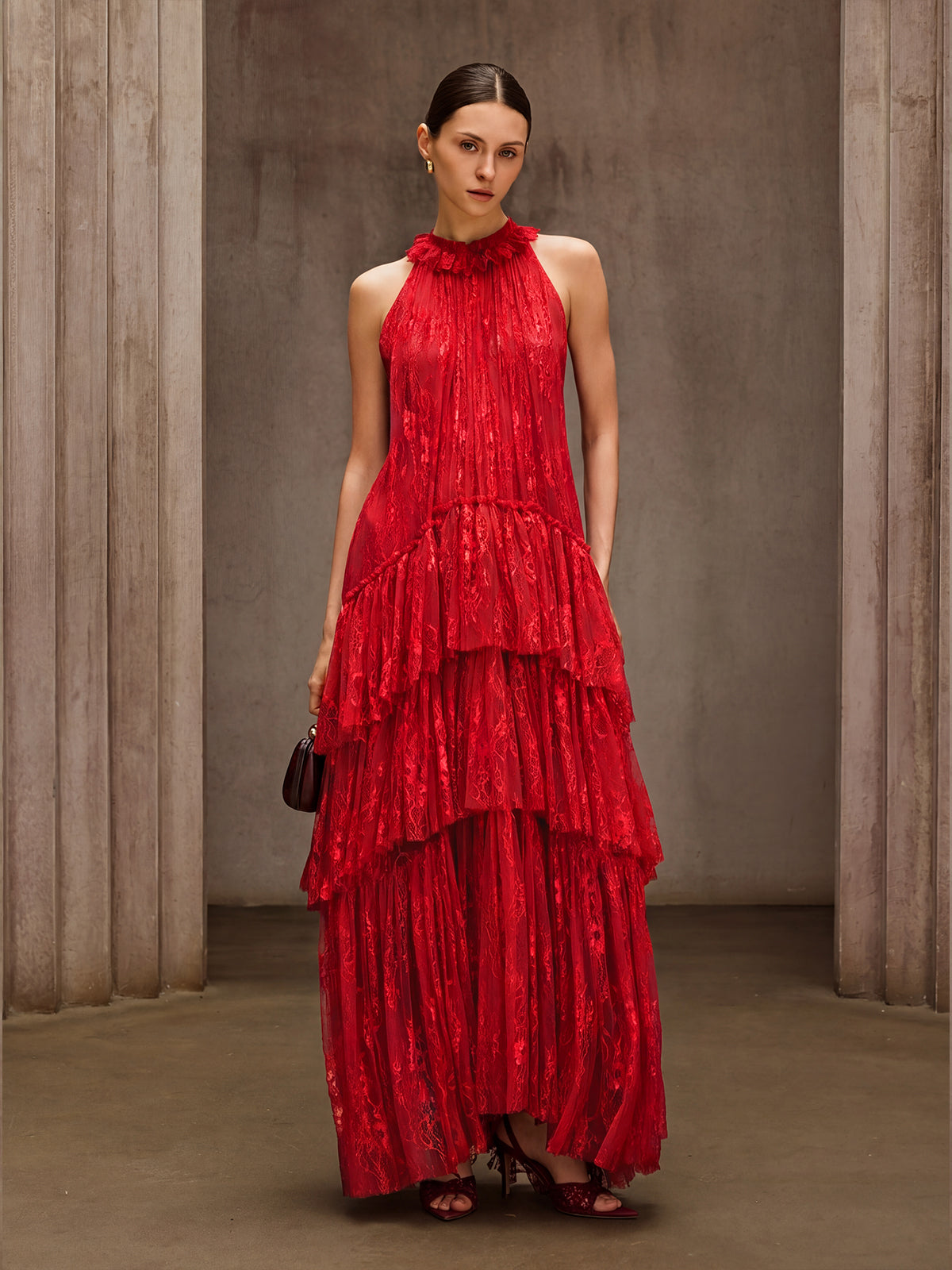 Dyan Halterneck Tulle Maxi Dress In Red