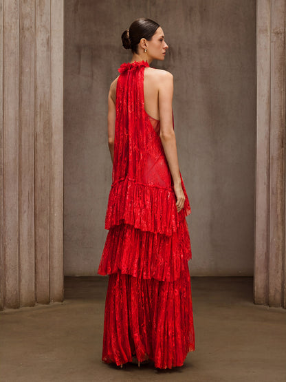 Dyan Halterneck Tulle Maxi Dress In Red