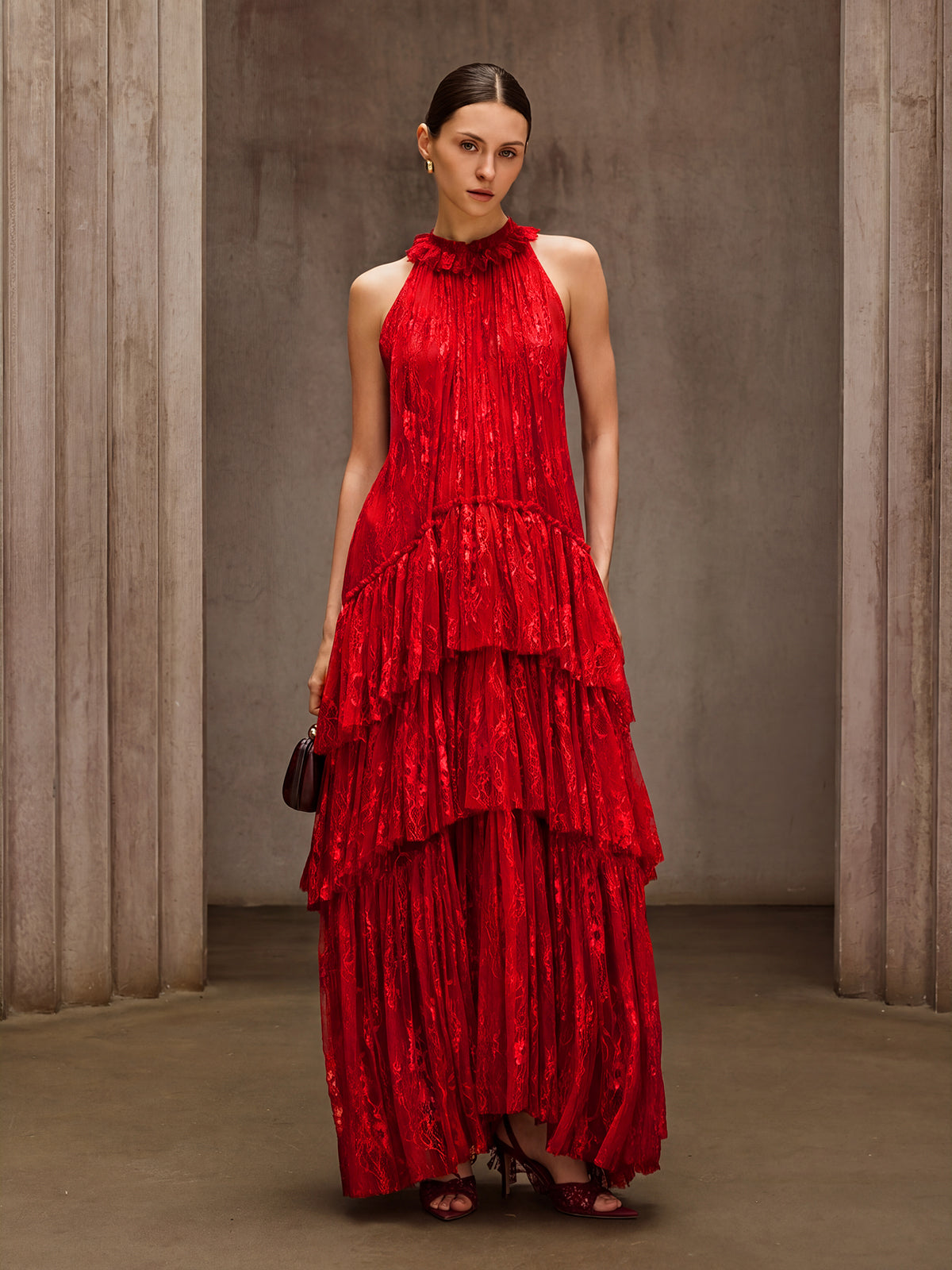 Dyan Halterneck Tulle Maxi Dress In Red