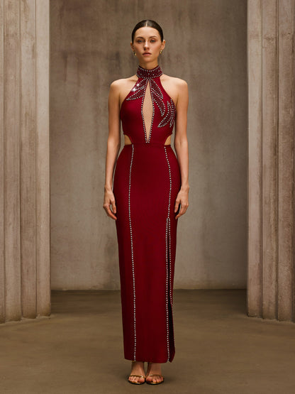 Dympna Halterneck Crystal Bandage Maxi Dress