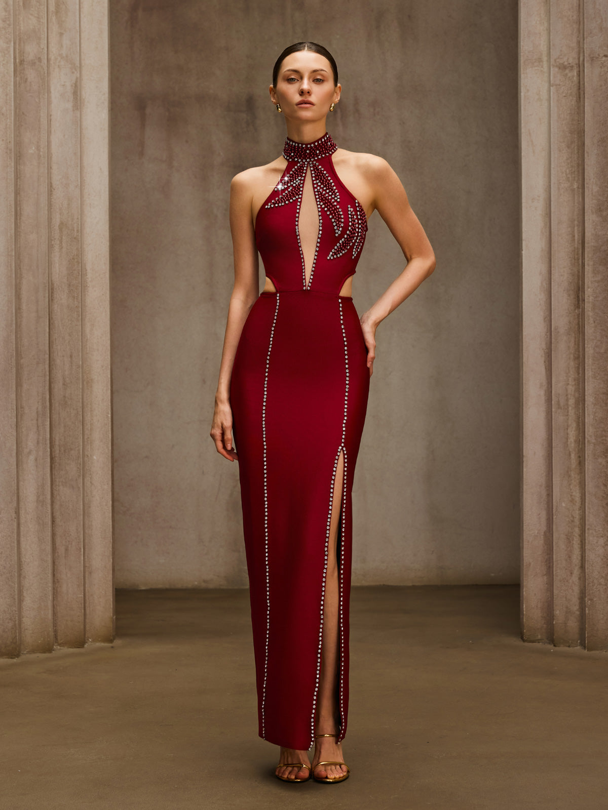 Dympna Halterneck Crystal Bandage Maxi Dress