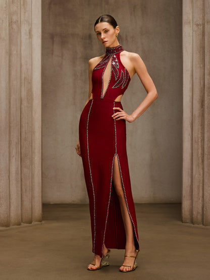 Dympna Halterneck Crystal Bandage Maxi Dress