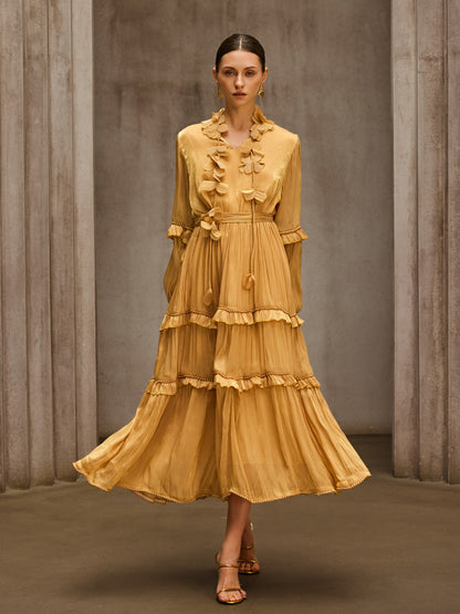 Dzon Balloon Sleeve Flower Midi Dress