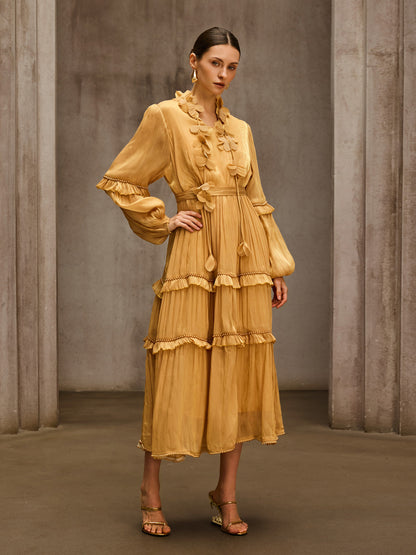 Dzon Balloon Sleeve Flower Midi Dress
