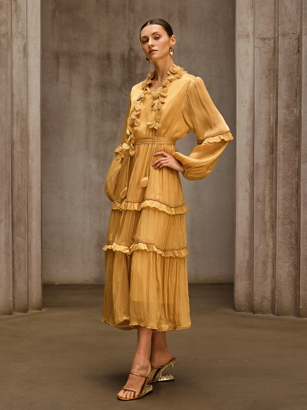 Dzon Balloon Sleeve Flower Midi Dress