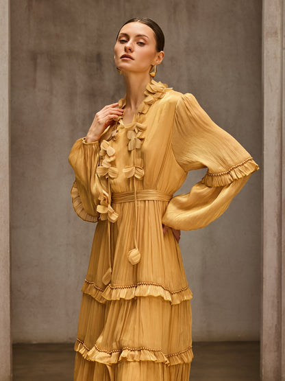 Dzon Balloon Sleeve Flower Midi Dress