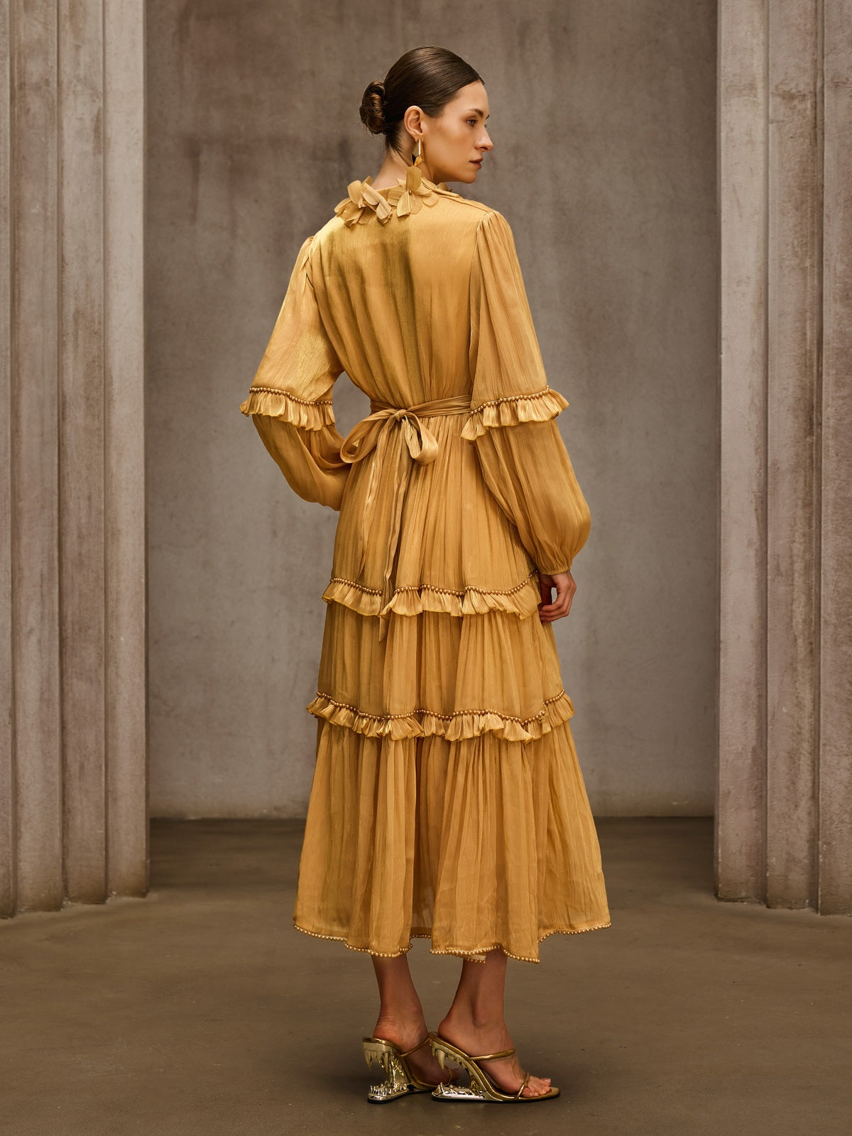 Dzon Balloon Sleeve Flower Midi Dress