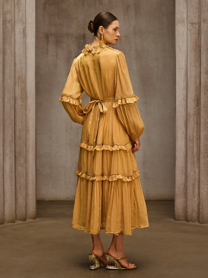 Dzon Balloon Sleeve Flower Midi Dress