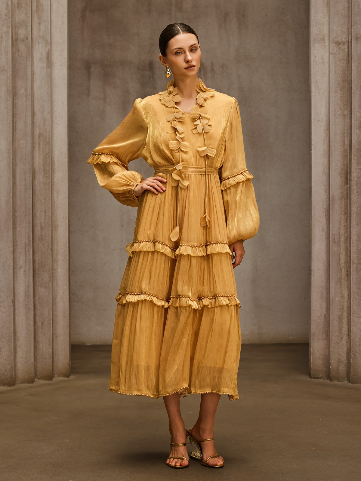 Dzon Balloon Sleeve Flower Midi Dress
