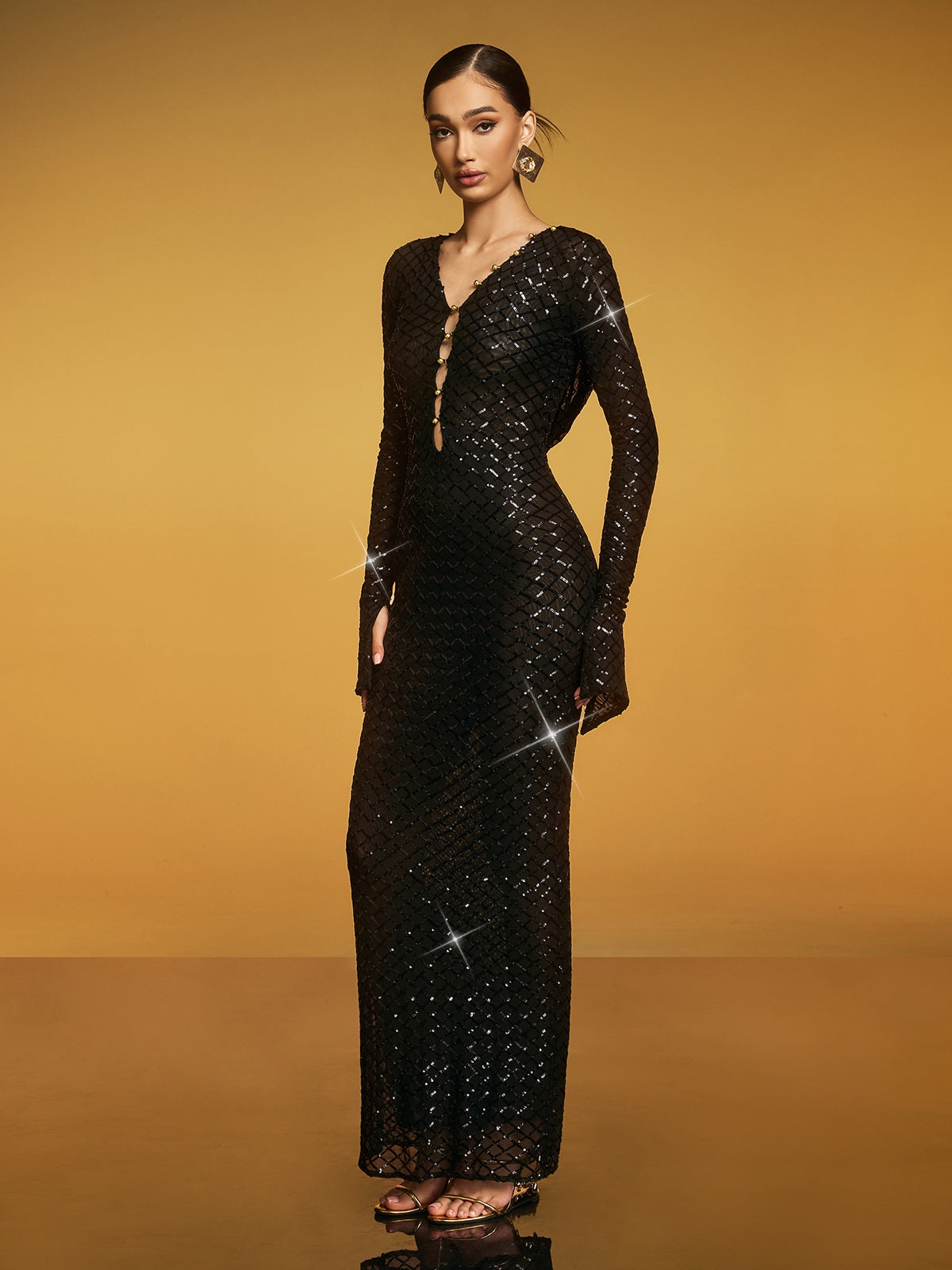 Eflux Hooded Cutout Sequin Maxi Dress
