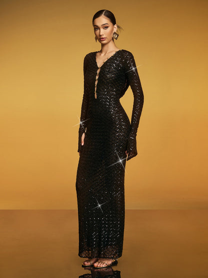 Eflux Hooded Cutout Sequin Maxi Dress