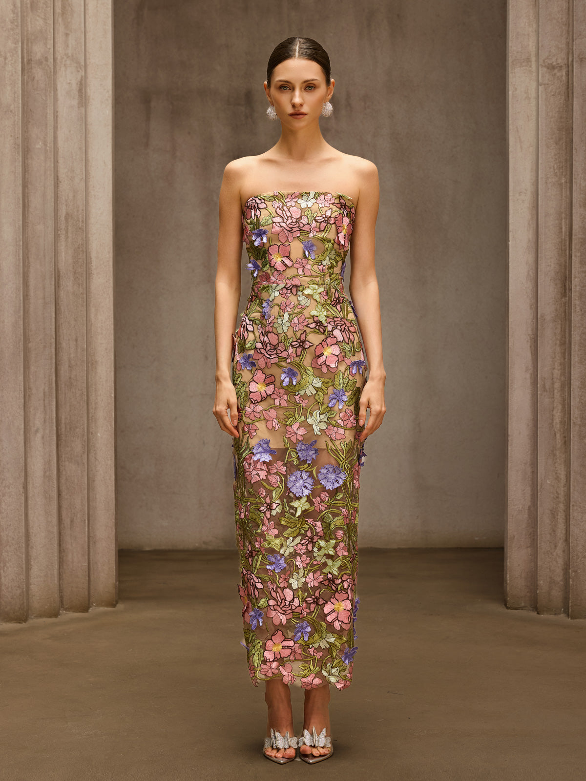 Eldrith Strapless Floral Embroidered Maxi Dress