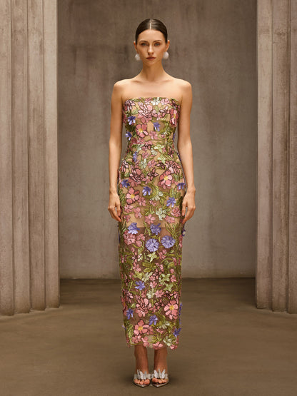 Eldrith Strapless Floral Embroidered Maxi Dress