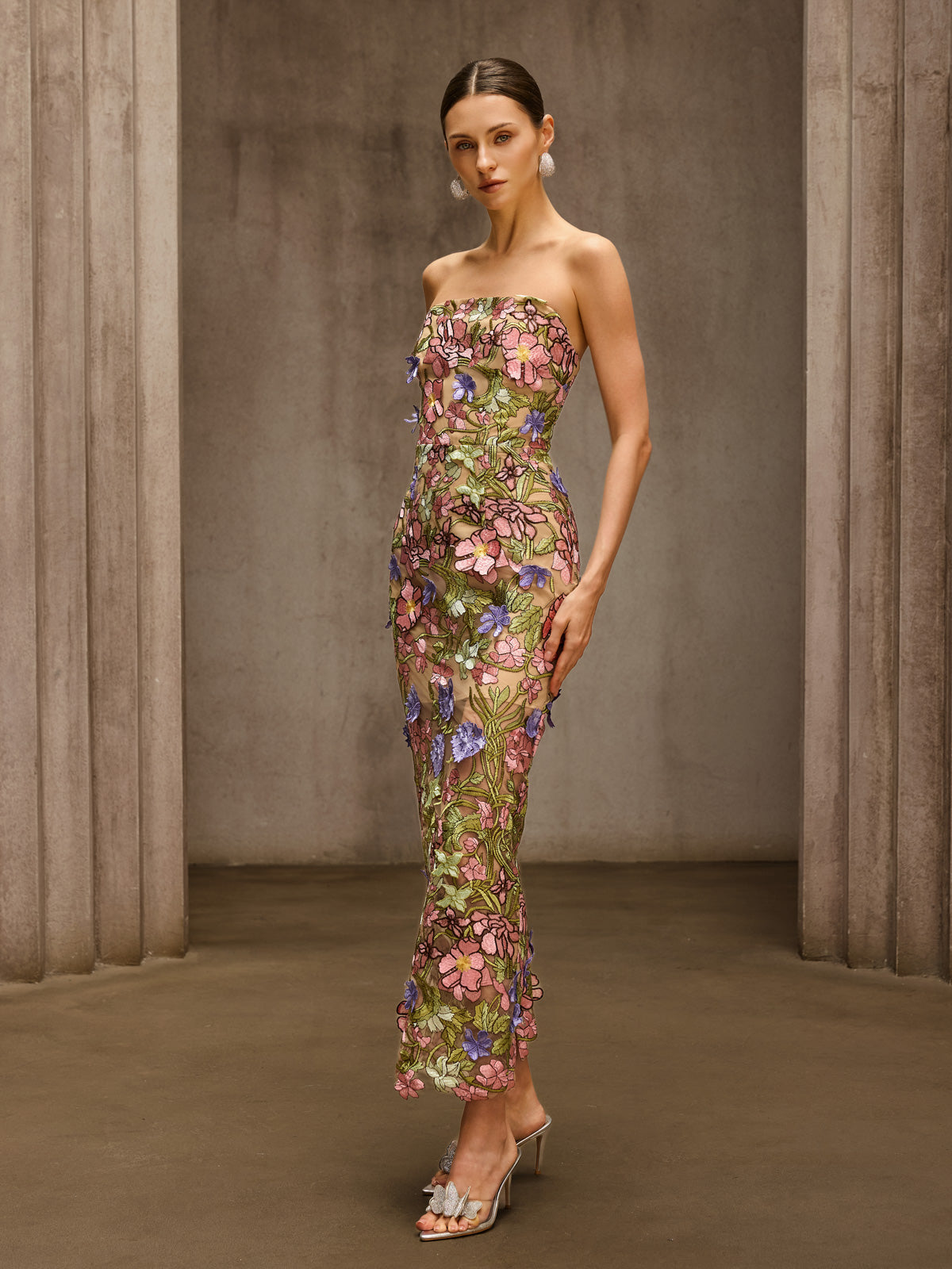 Eldrith Strapless Floral Embroidered Maxi Dress