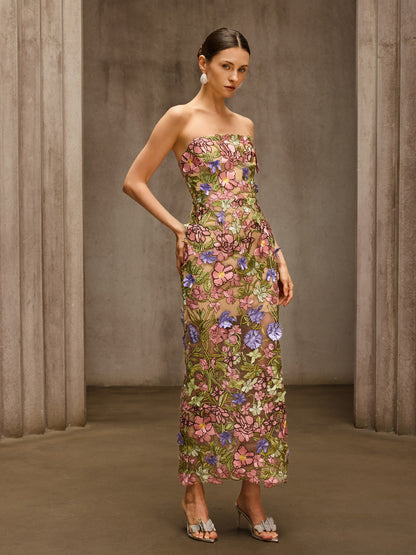Eldrith Strapless Floral Embroidered Maxi Dress