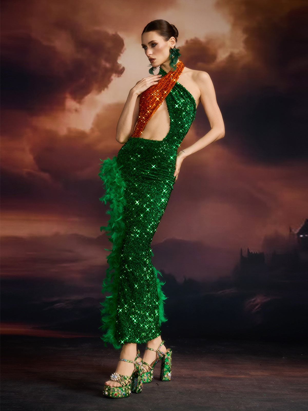 Elisaria Cutout Feather Sequin Maxi Dress