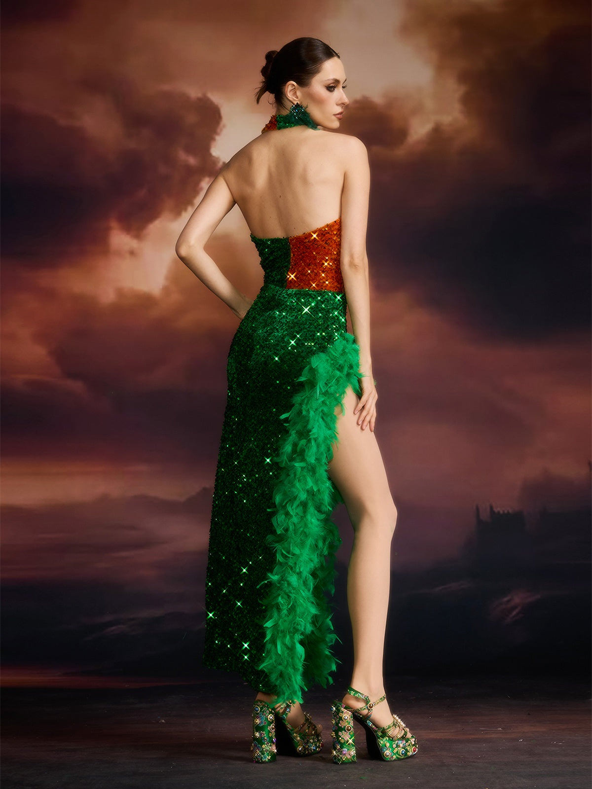 Elisaria Cutout Feather Sequin Maxi Dress