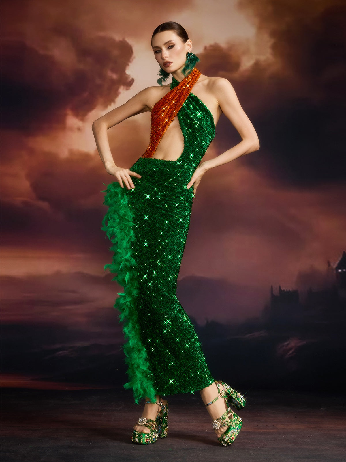 Elisaria Cutout Feather Sequin Maxi Dress