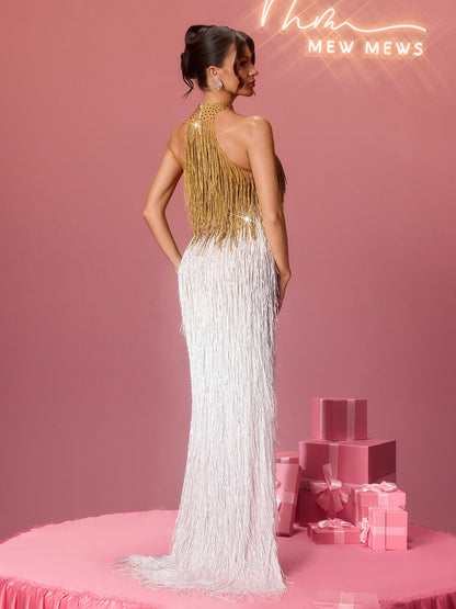 Elvrik Halterneck Fringe Cutout Split Maxi Dress In Gold & White