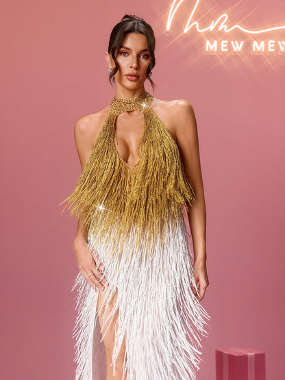 Elvrik Halterneck Fringe Cutout Split Maxi Dress In Gold & White