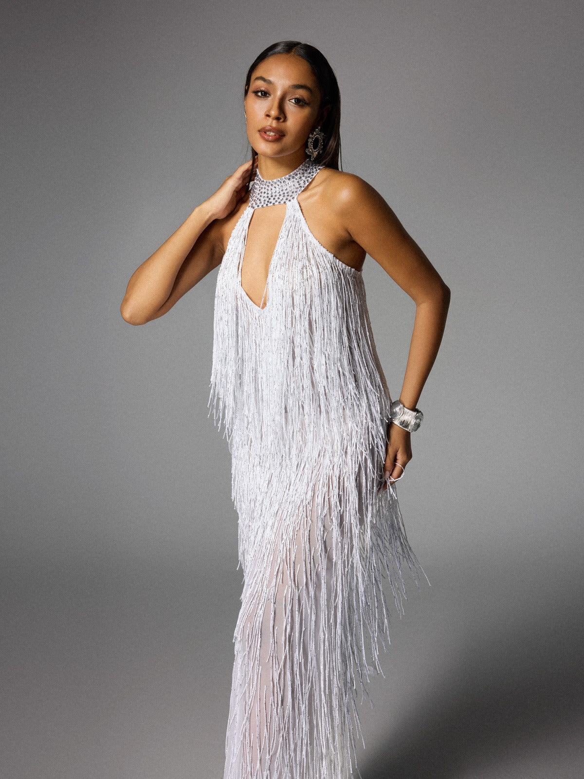 Rosstef Elvrik Halterneck Fringe Cutout Split Maxi Dress