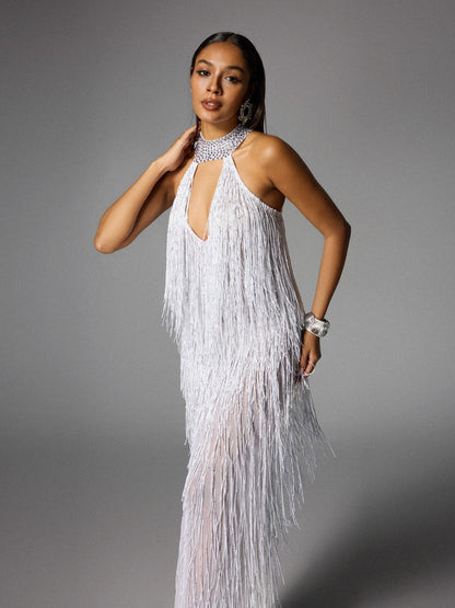Rosstef Elvrik Halterneck Fringe Cutout Split Maxi Dress