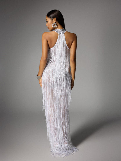 Rosstef Elvrik Halterneck Fringe Cutout Split Maxi Dress