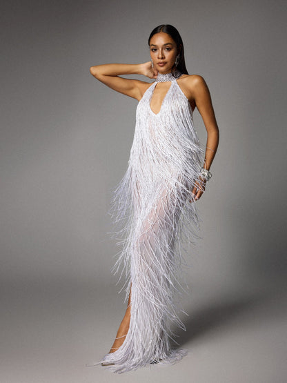 Rosstef Elvrik Halterneck Fringe Cutout Split Maxi Dress