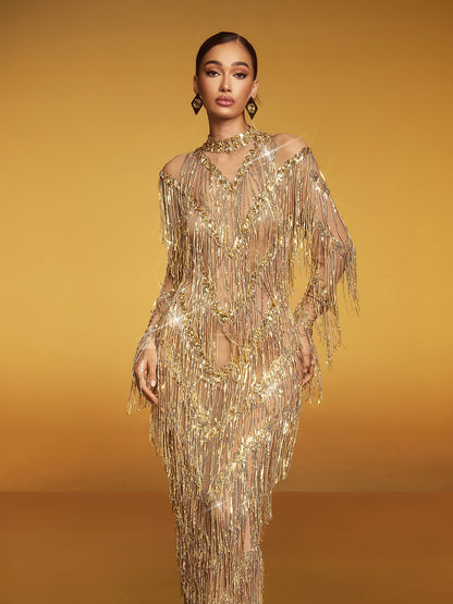 Emanon Fringe Sequin Maxi Dress
