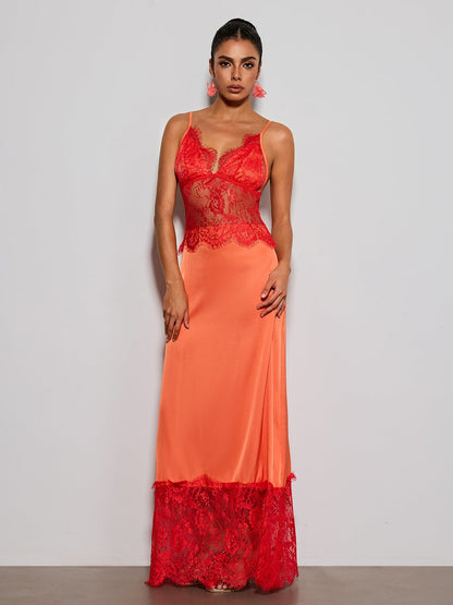 Erastes Spaghetti Lace Maxi Dress In Orange
