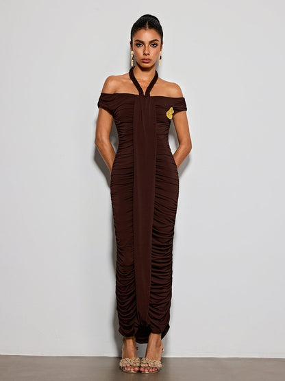 Erizelda Halterneck Ruched Maxi Dress In Brown
