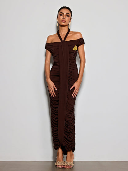 Erizelda Halterneck Ruched Maxi Dress In Brown