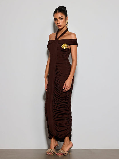 Erizelda Halterneck Ruched Maxi Dress In Brown