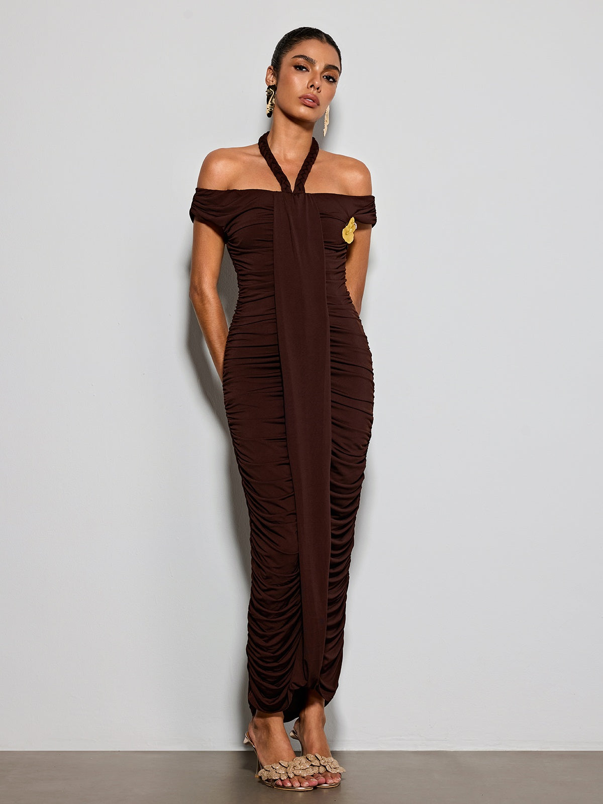 Erizelda Halterneck Ruched Maxi Dress In Brown