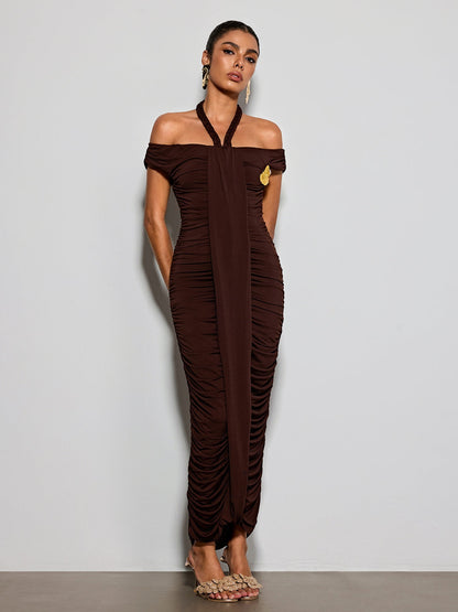 Erizelda Halterneck Ruched Maxi Dress In Brown