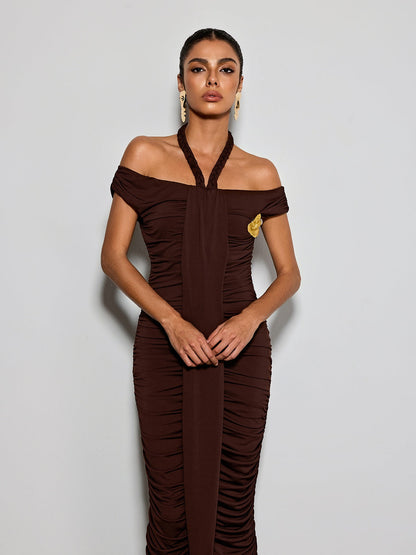 Erizelda Halterneck Ruched Maxi Dress In Brown