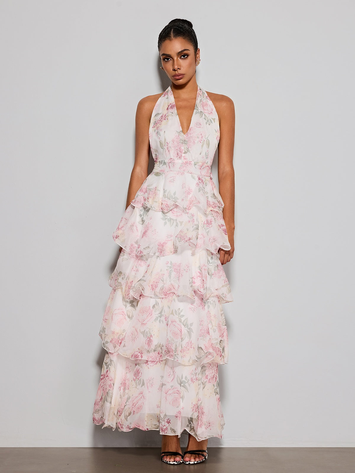 Errin Halterneck Ruffle Tiered Floral Maxi Dress