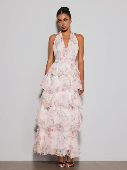 Errin Halterneck Ruffle Tiered Floral Maxi Dress