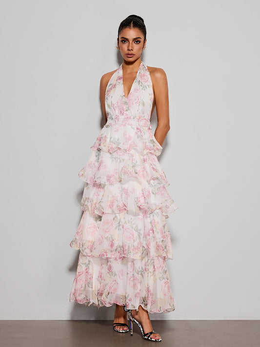 Errin Halterneck Ruffle Tiered Floral Maxi Dress