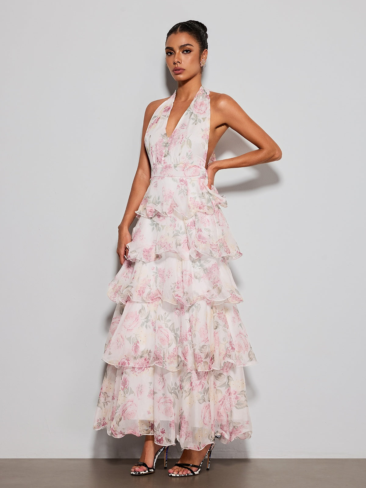 Errin Halterneck Ruffle Tiered Floral Maxi Dress