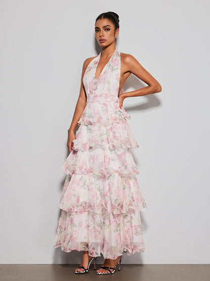 Errin Halterneck Ruffle Tiered Floral Maxi Dress
