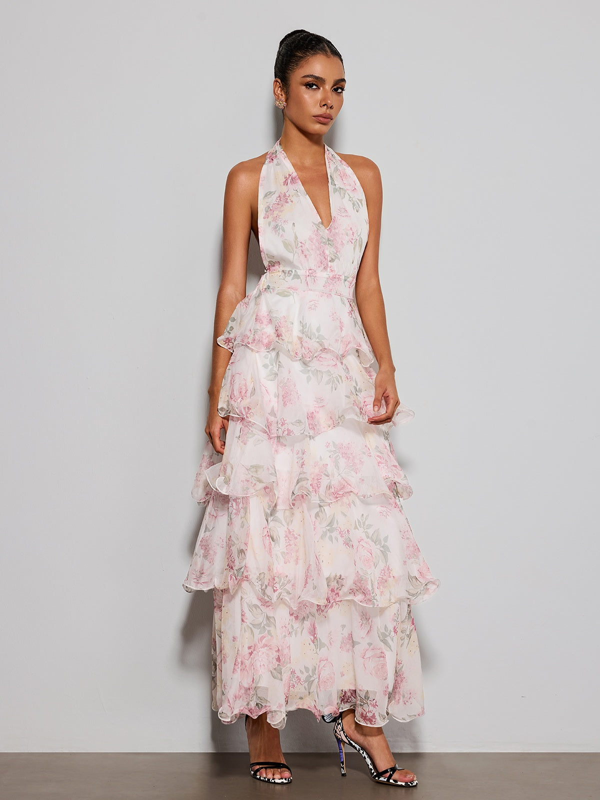 Errin Halterneck Ruffle Tiered Floral Maxi Dress