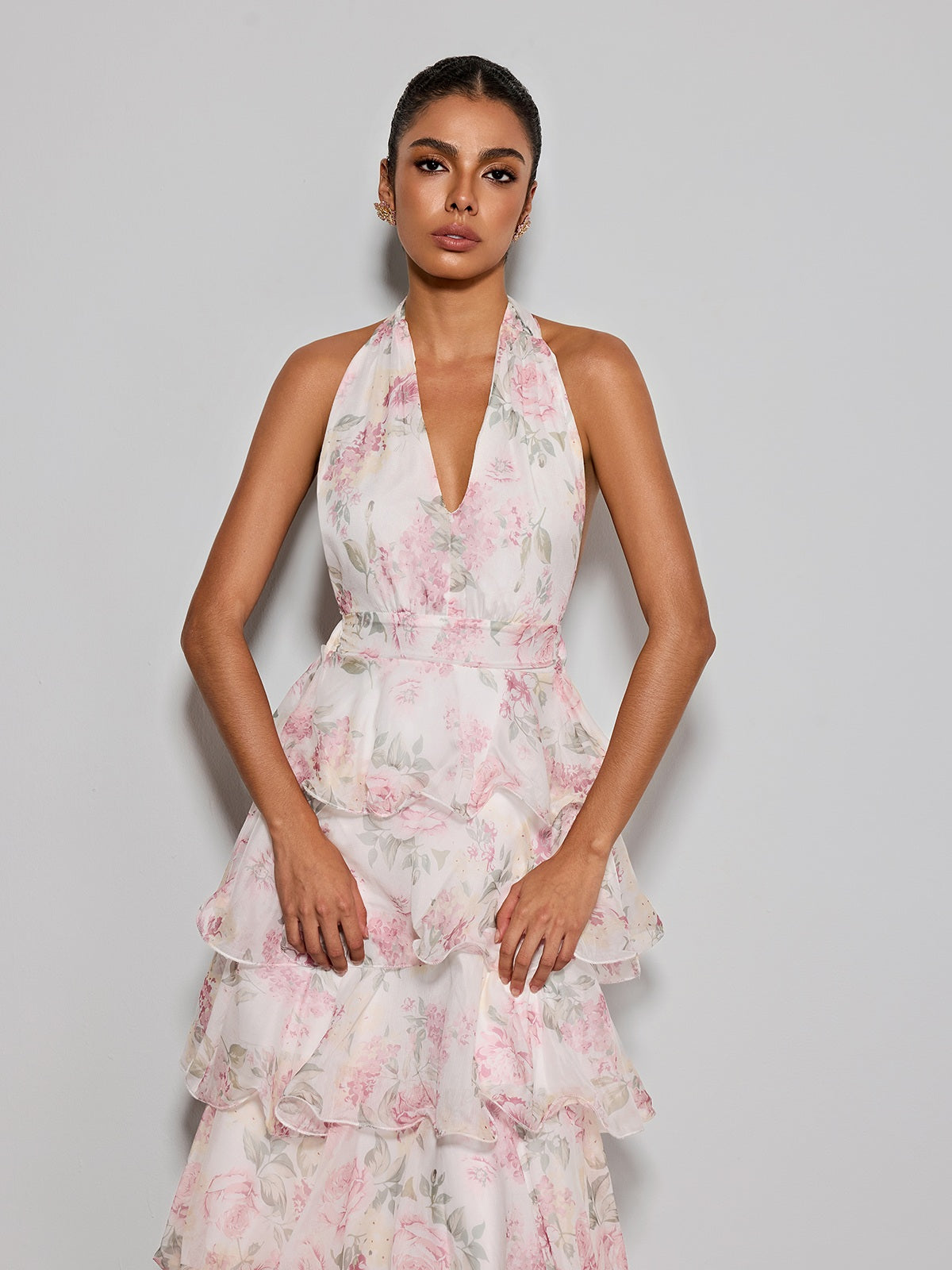 Errin Halterneck Ruffle Tiered Floral Maxi Dress