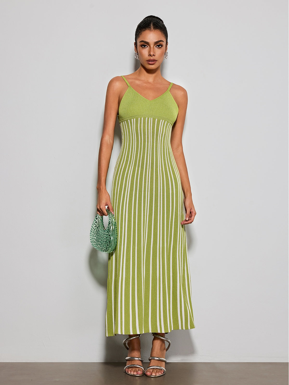Esmery Spaghetti Stripe Knitted Dress In Green