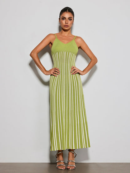Esmery Spaghetti Stripe Knitted Dress In Green