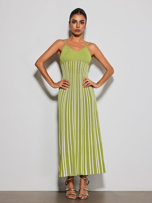 Esmery Spaghetti Stripe Knitted Dress In Green