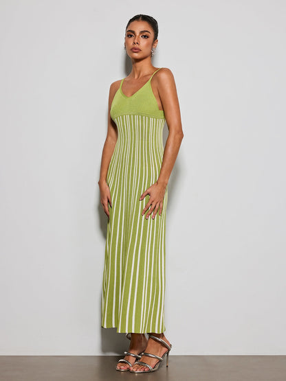 Esmery Spaghetti Stripe Knitted Dress In Green