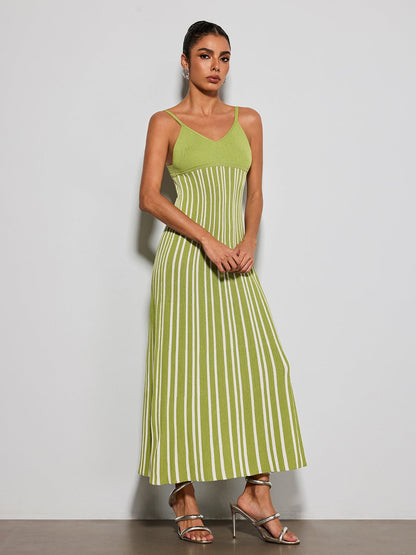 Esmery Spaghetti Stripe Knitted Dress In Green