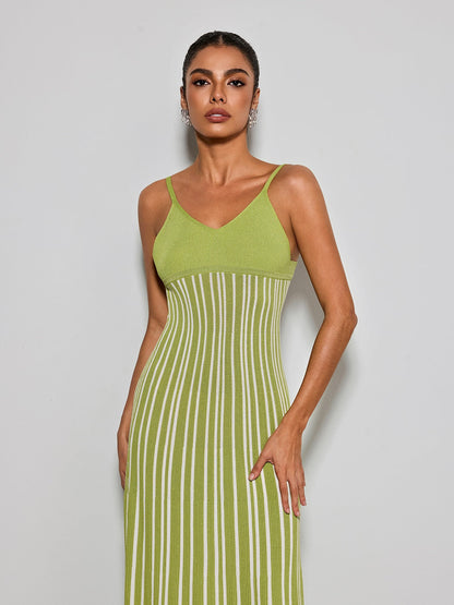 Esmery Spaghetti Stripe Knitted Dress In Green