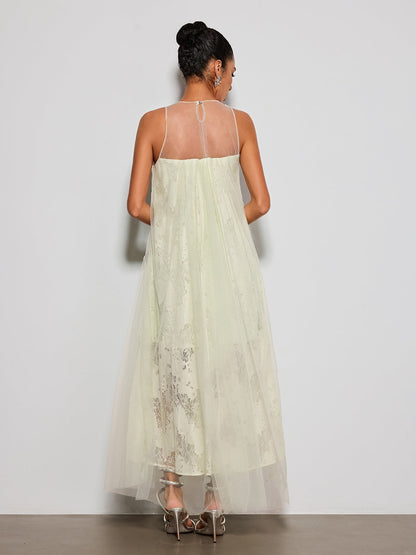 Esnavi Sleeveless Flower Mesh Maxi Dress